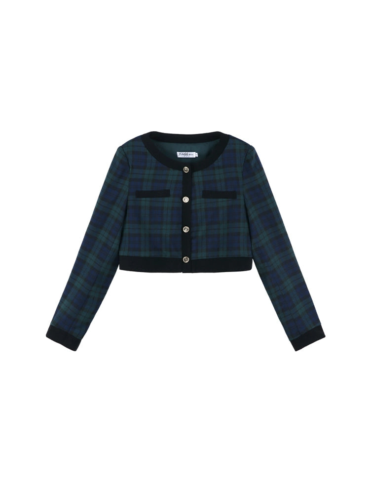 French Retro Check Cardigan Jacket + Pleated Skirt