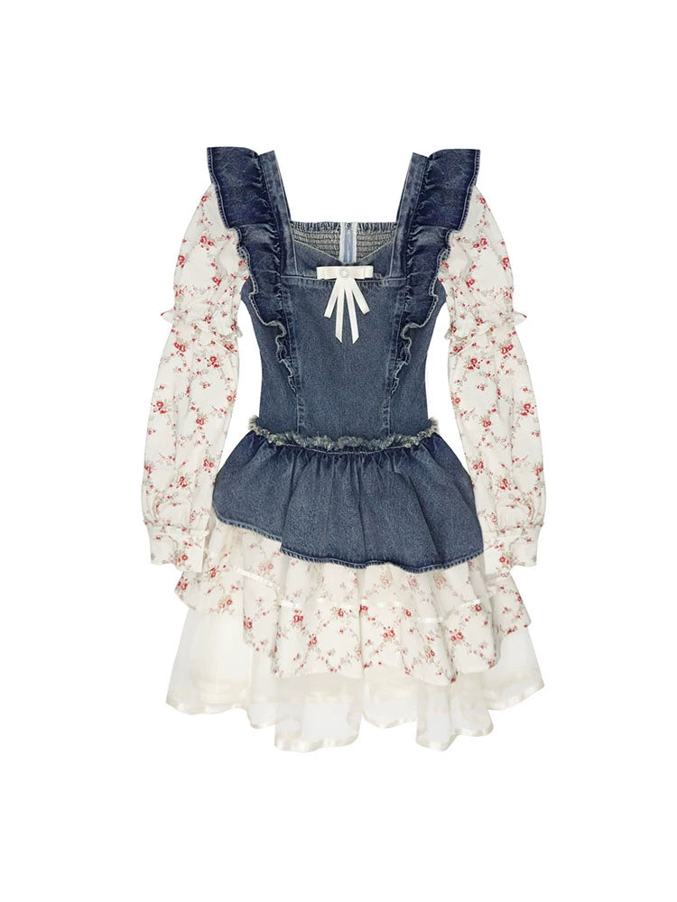 モーニングフラワーフェイクツーピースウエストワンピース