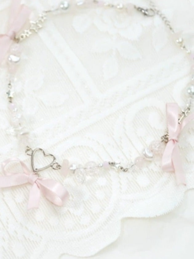 Bead chain ribbon heart choker