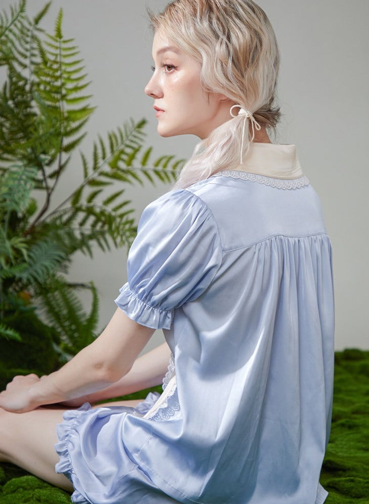 French Ice Silk Pajamaradies Summer Race Puff Sleeve Cute Girl Room Wear