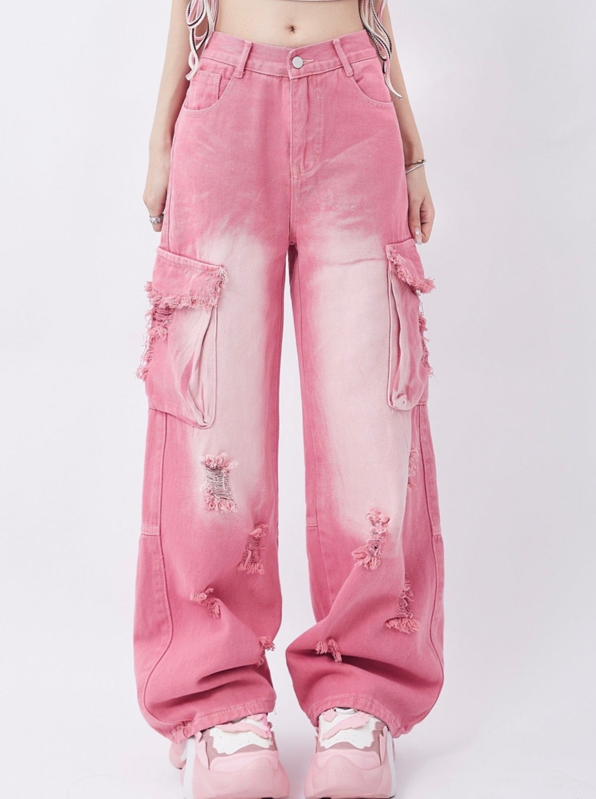 Pink jeans damage loose pants – Belchic