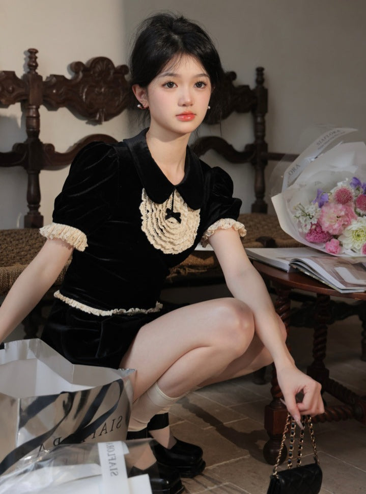 可爱娃娃彩色天鹅绒黑色上衣套装