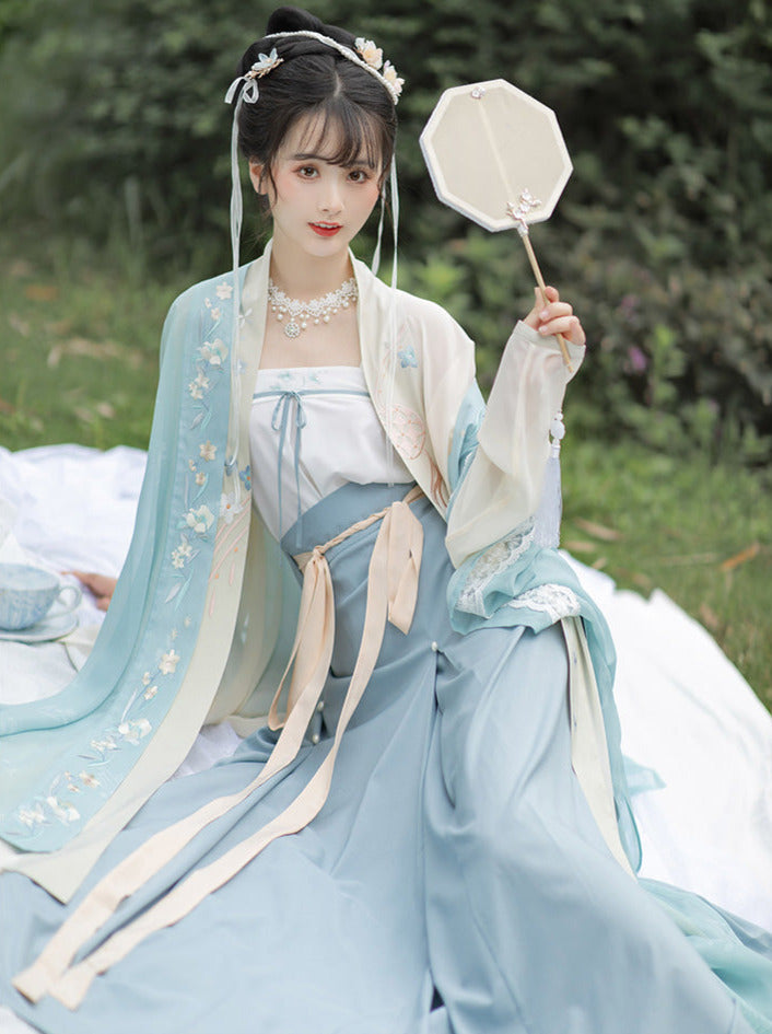 レースベルスリーブフラワーシアージャケット+ランタンスリーブシアージャケット+リボンキャミトップス+パールスカート