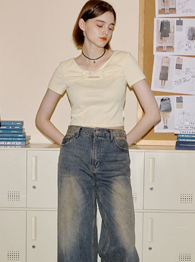 センターリボンストライプオープントップス