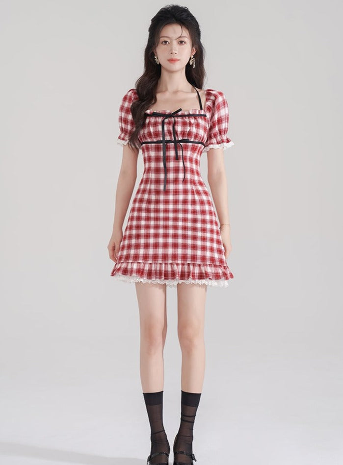 スクエアカラーチェックリボンワンショルダーワンピース