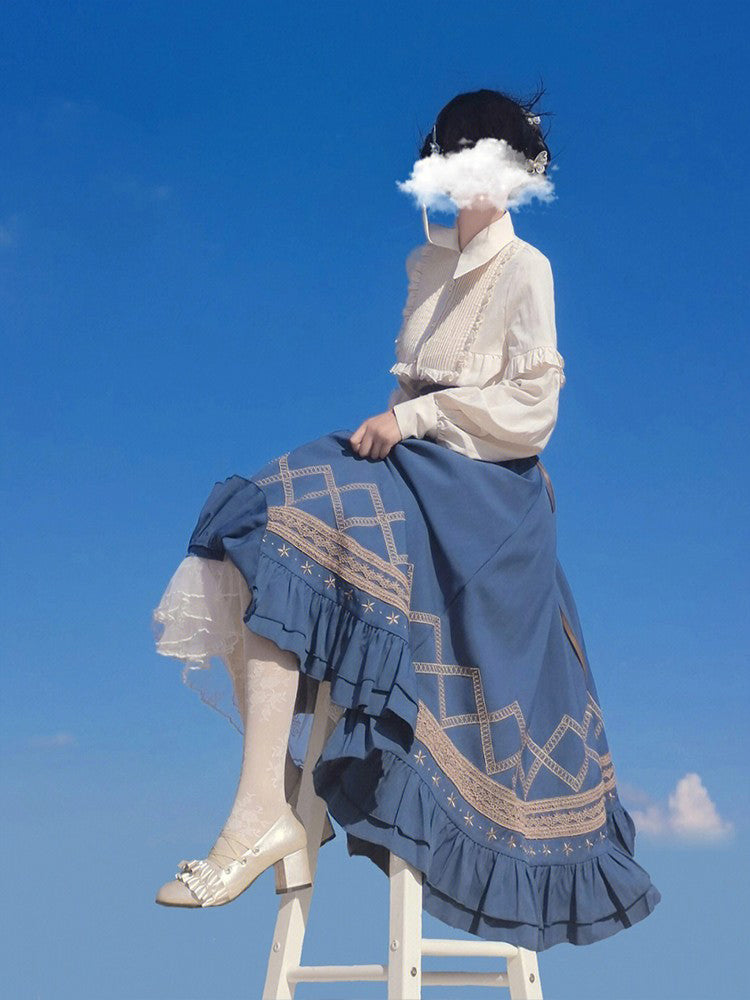 ポインテッドカラーフリルブラウス+レースアップフリルスカート