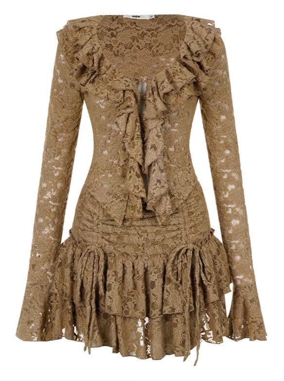 レースラッフル V ネックトップス+ドロストケーキスカート