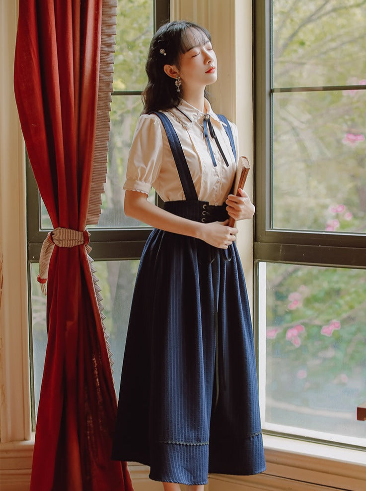 Puff Sleeve Blouse with Ribbon + Lace-up Corset Sass Skirt