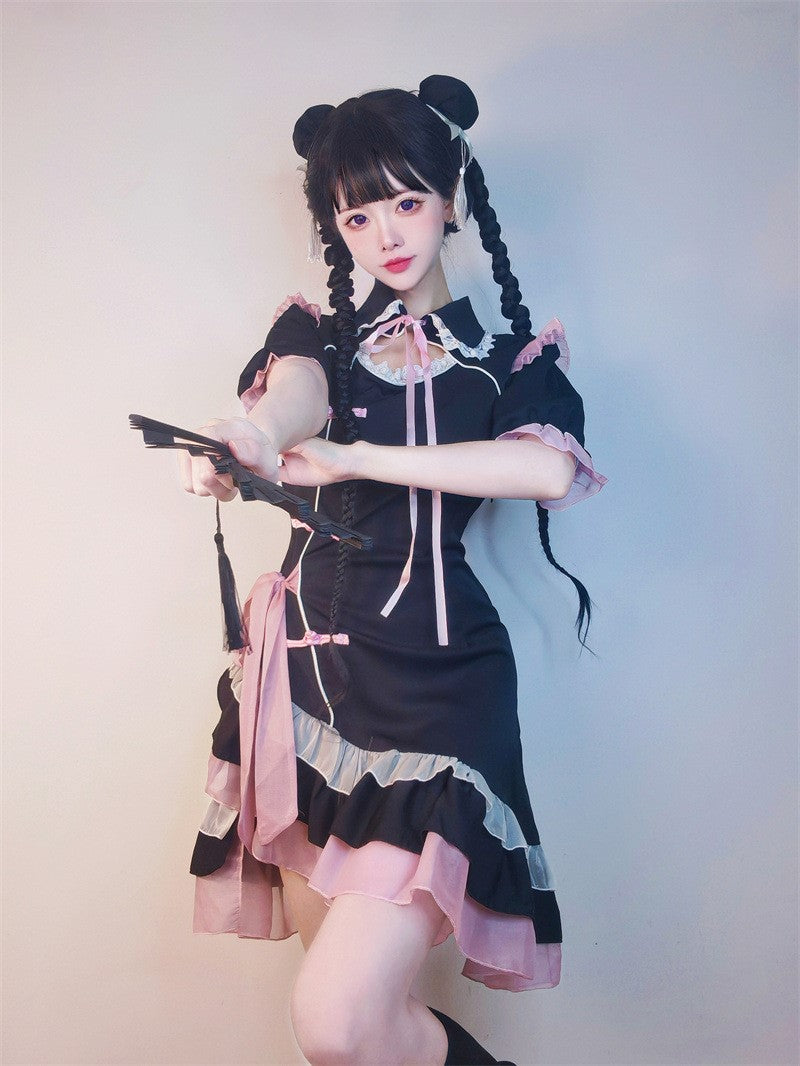 Frill asymmetric design China taste dress