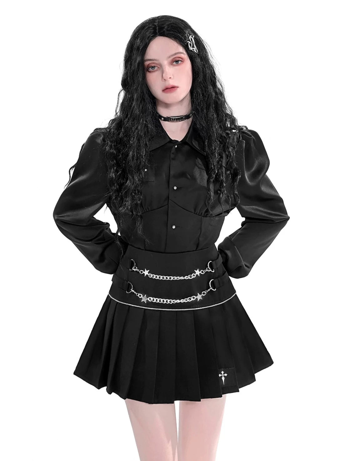 スターメタルチェーンパンクスリムカーブカットプリーツスカート