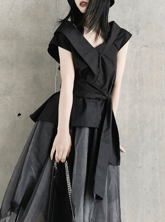 Mode Waist Ribbon Asymmetric Tops Belchic Mode Waist Ribbon Asymmetric Tops Belchic