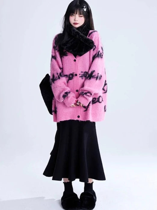 ミッドレングスレタープリントVネックニットカーディガントップス