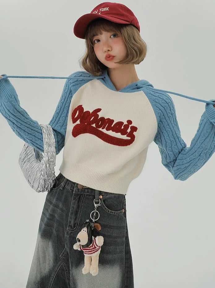 バイカラーラグランスリーブニットショートフードトップス