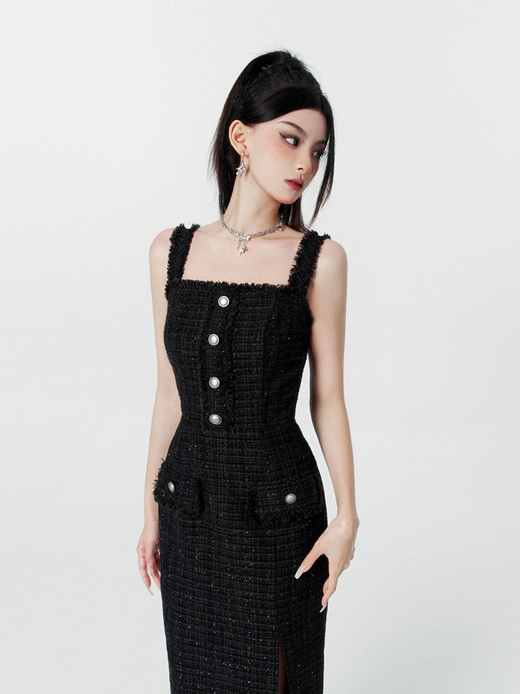 モードシックショートツイードジャケット+スリットロングツイードワンピース