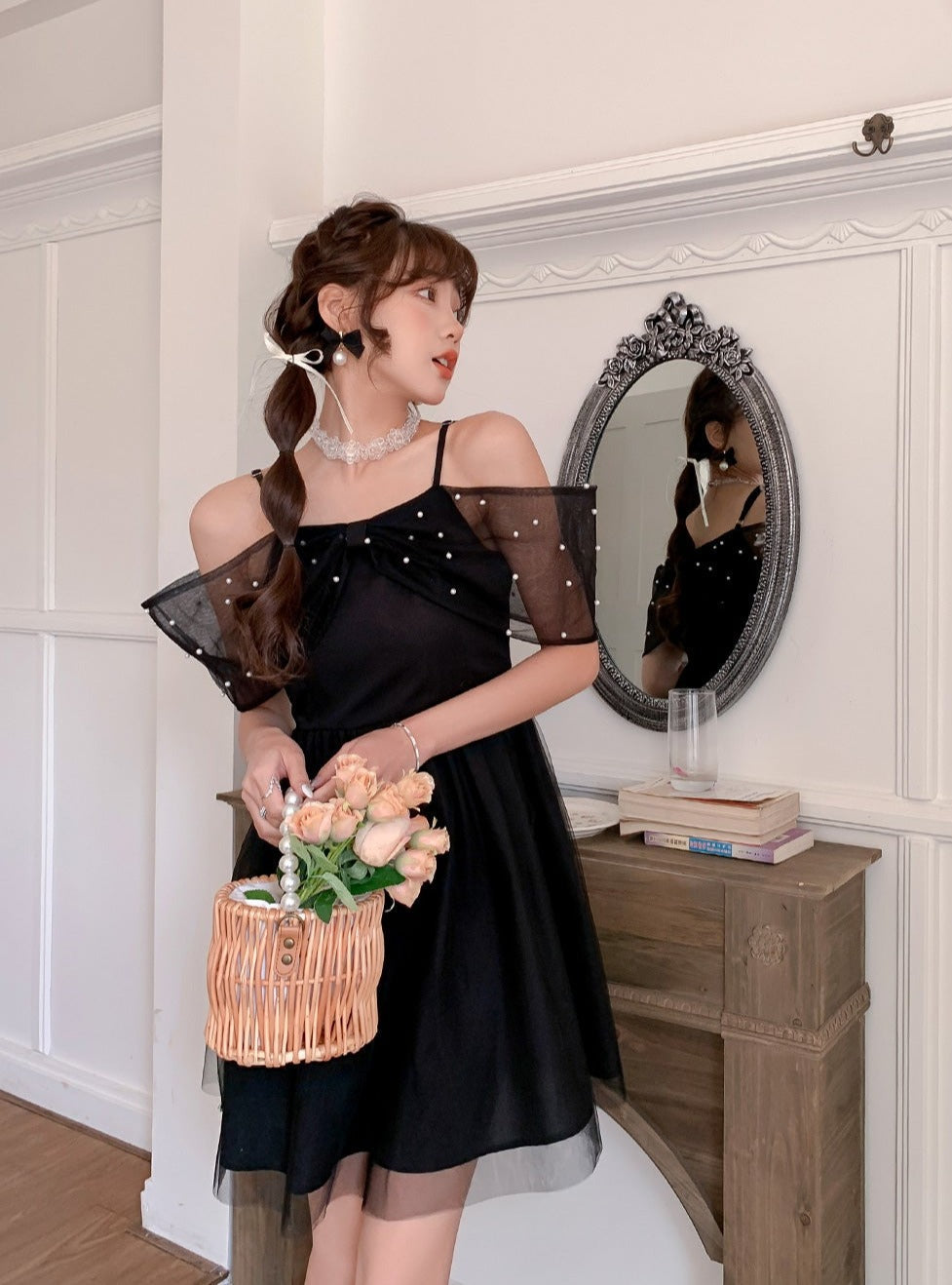 シアーリボンビーズデザインガーリーワンピース