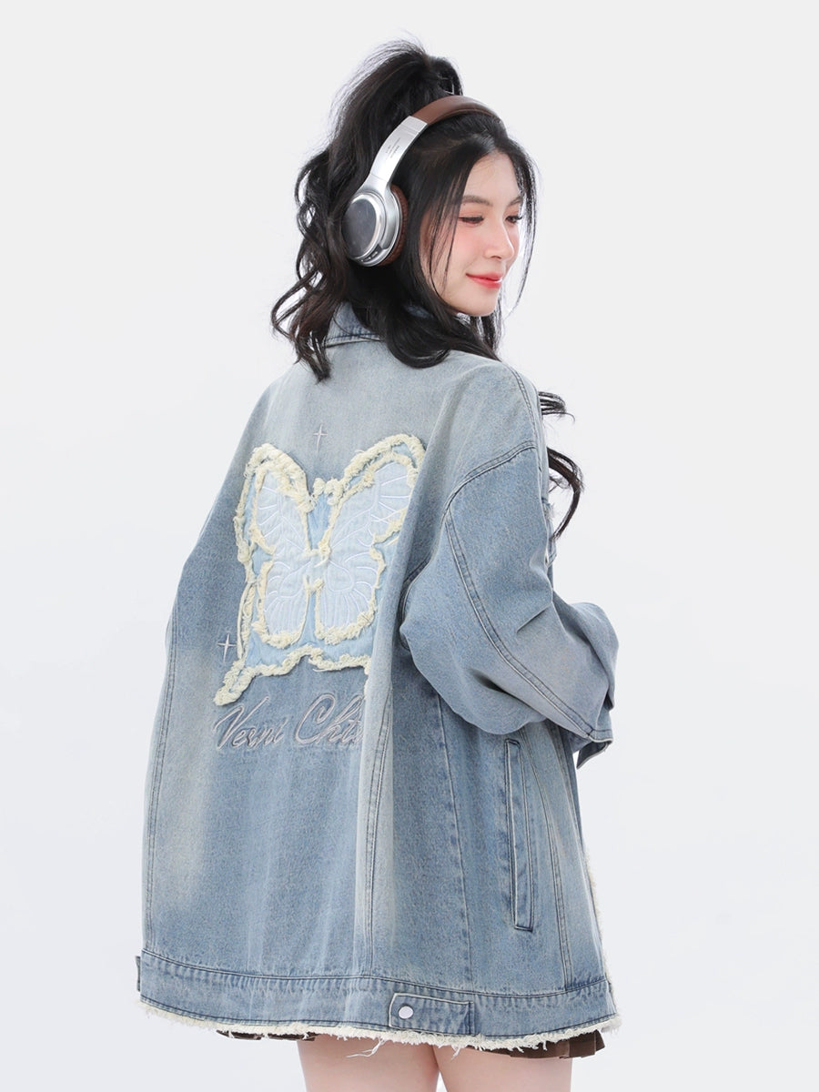 美式复古做旧休闲宽松蝴蝶情侣牛仔夹克