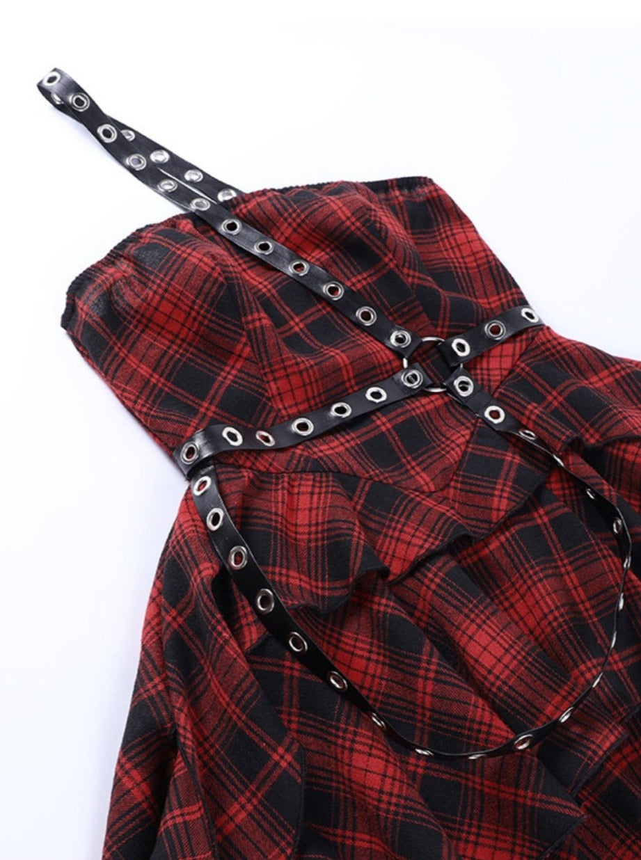 单肩地雷纹格纹连衣裙