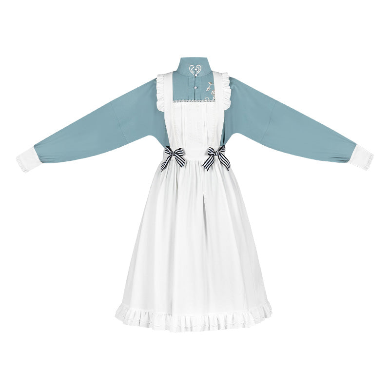 Stand Collar Double Breasted Gown Lace Apron Over Skirt Setup