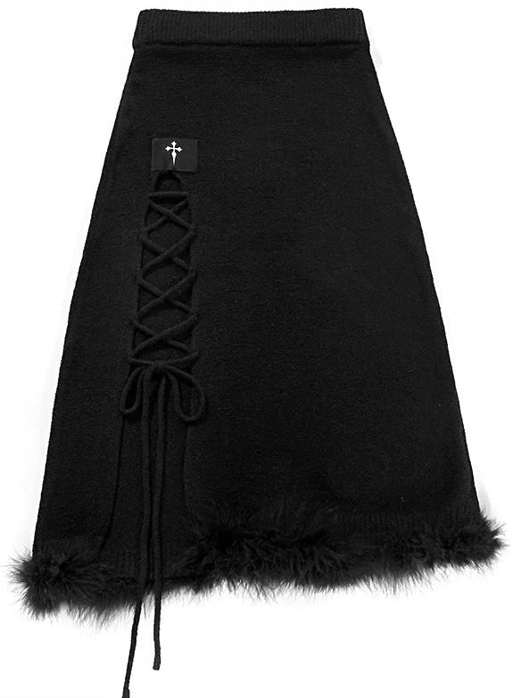 クロスストラップリアルフェザービューティーニットロングスカート