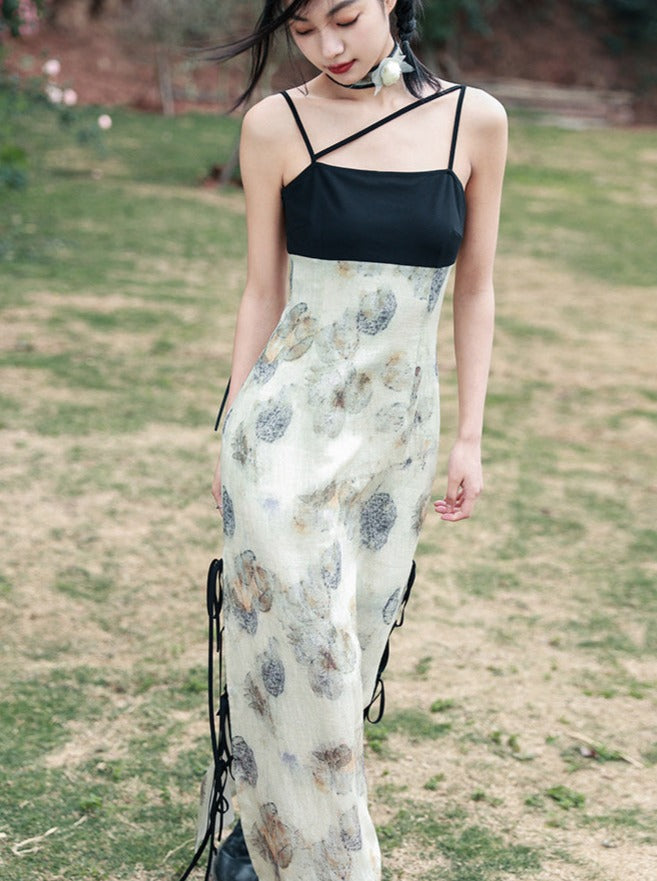 Slit Print Suspender Skirt Dress Belchic Slit Print Suspender Skirt Dress Belchic