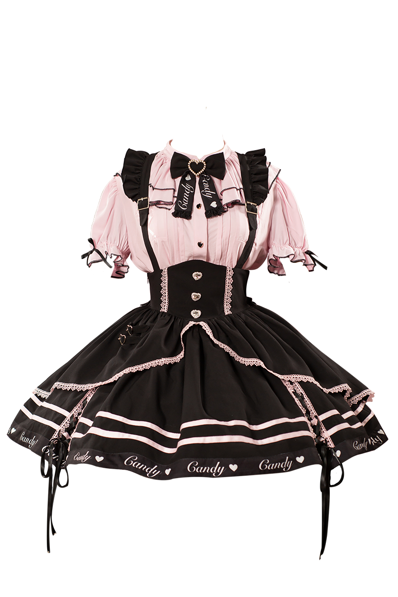 벨리프 룰 스윗걸 블라우스 블랙 핑크 서스펜더 드레스 세트