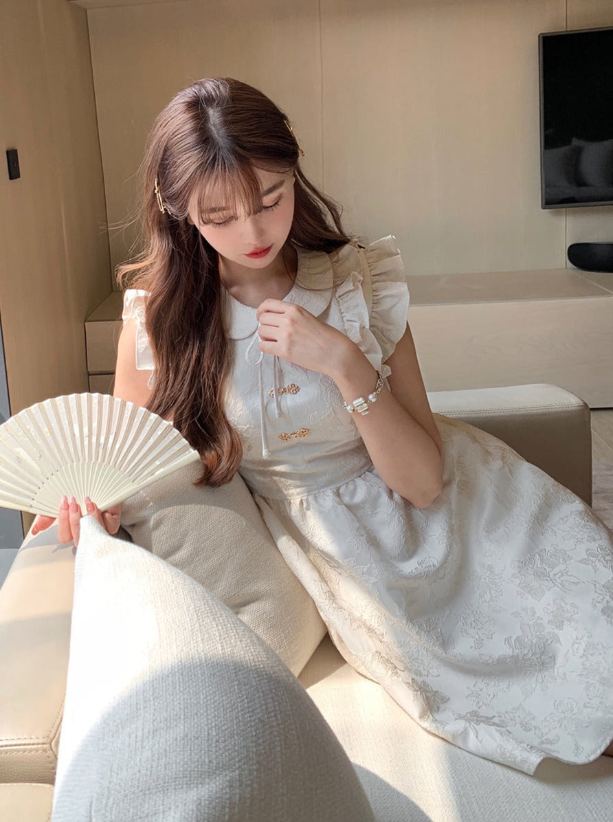 エンボスフリルノースリーブドールカラープリンセスチャイナドレス