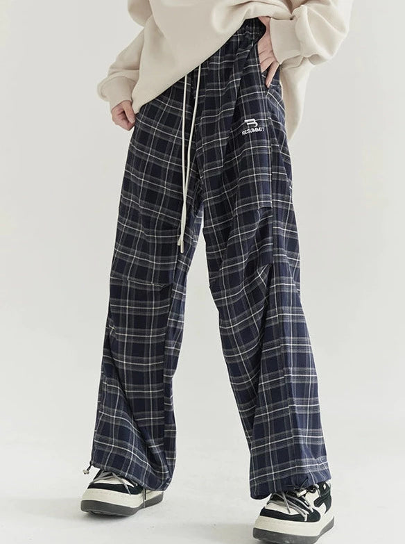 Loose Knee Pleated Check Casual Pants