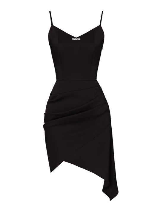 Black Satin High End Waist Chain Shirt Jacket + Irregular Asymmetric Cami Dress
