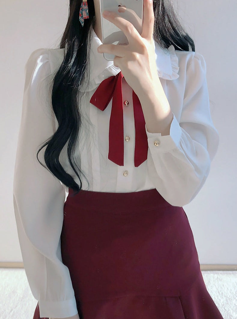 リボン付きクラシックブラウス