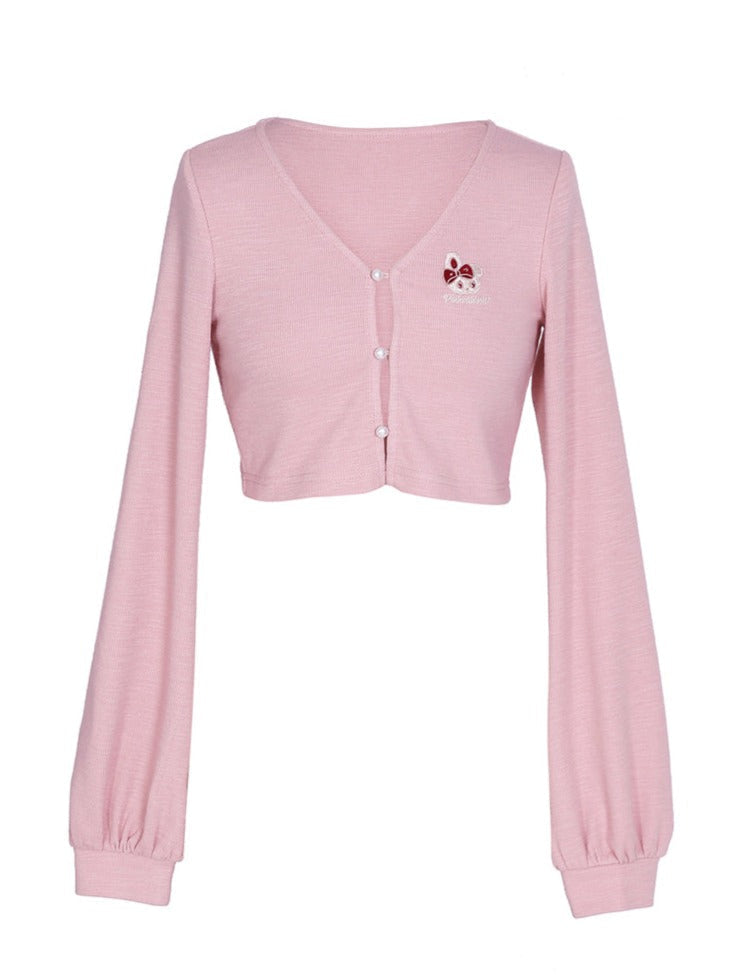 ワンポイントラビットカーディガン+タイトフリルドレス+ワンポイントラビットショートカーディガン