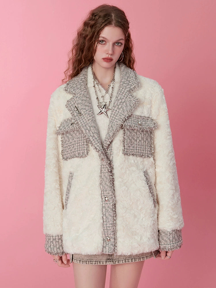 スプライシングルーズプラッシュスーツジャケット