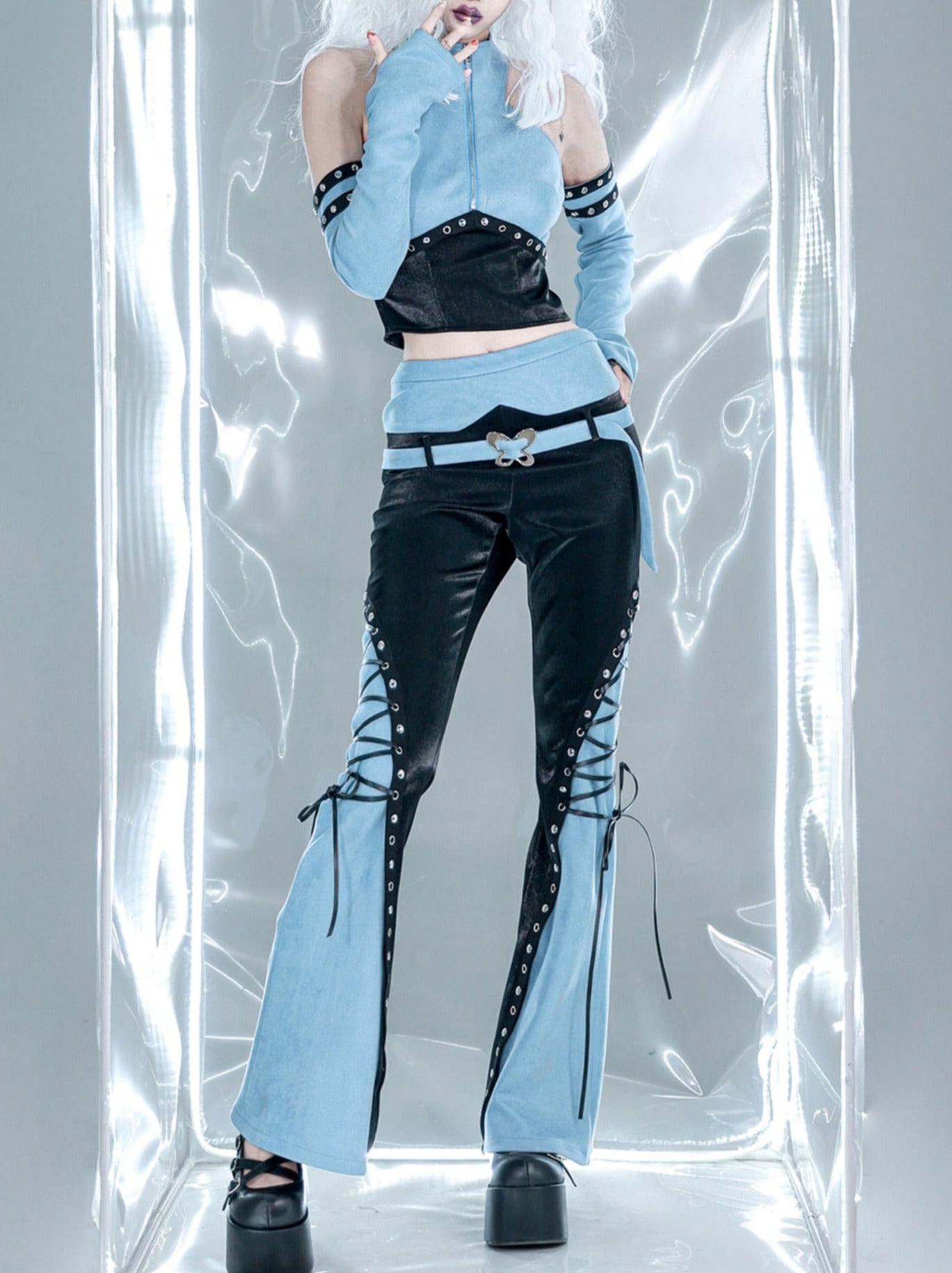 Y2K Cyberpunk Butterfly Belted Belted Contrast Color Flared Pants