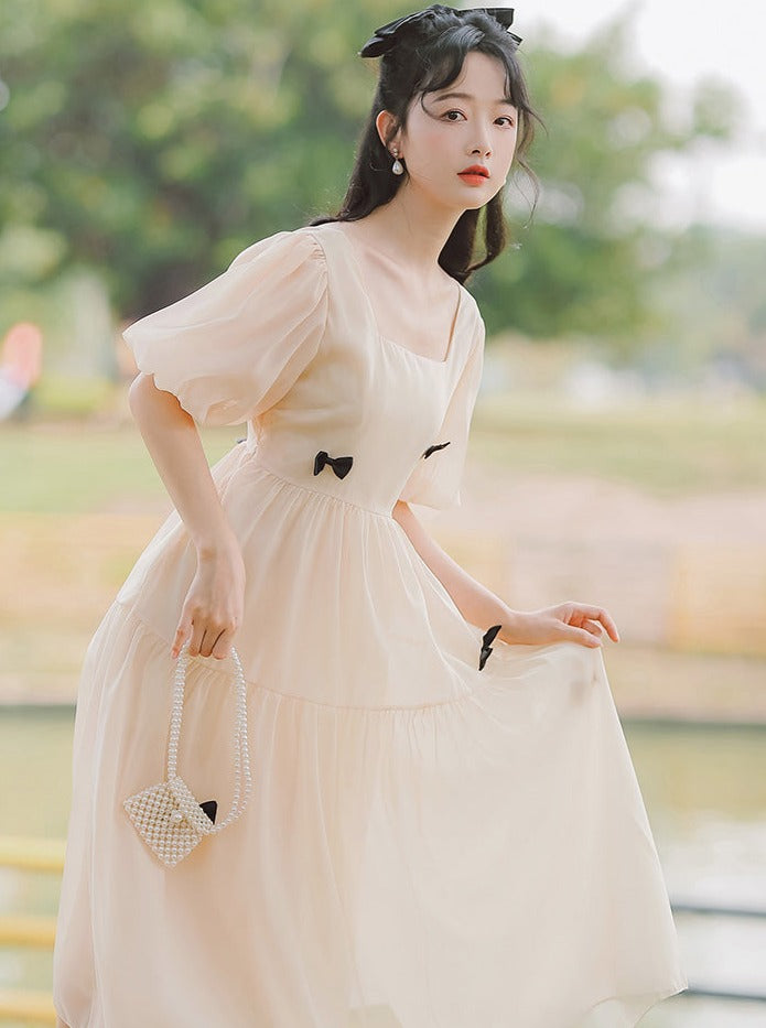 スクエアネックリボンフレアワンピース