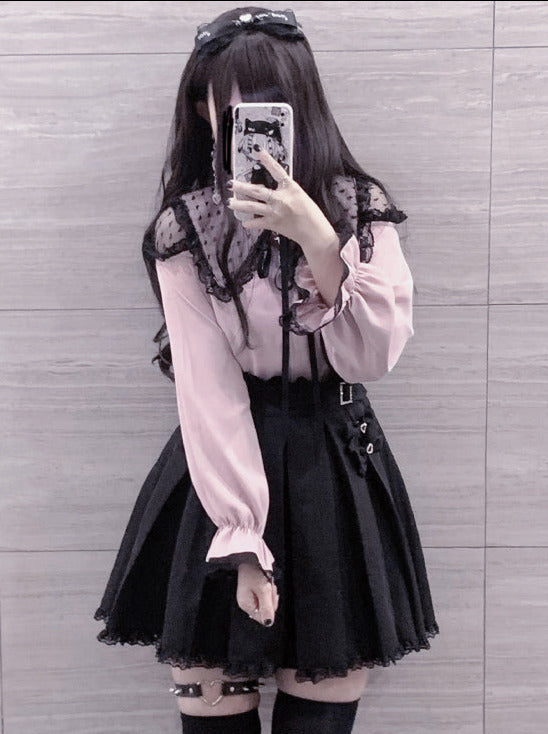 Square collar lace off shoulder zip blouse