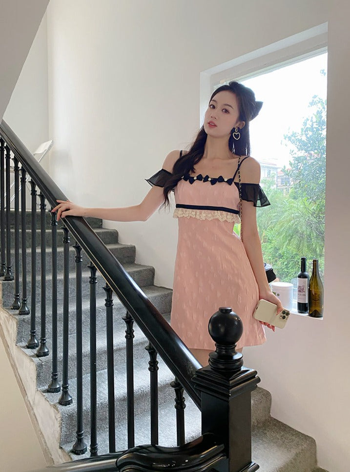 スタイルジャカードスプライシングピンクサスペンダードレス