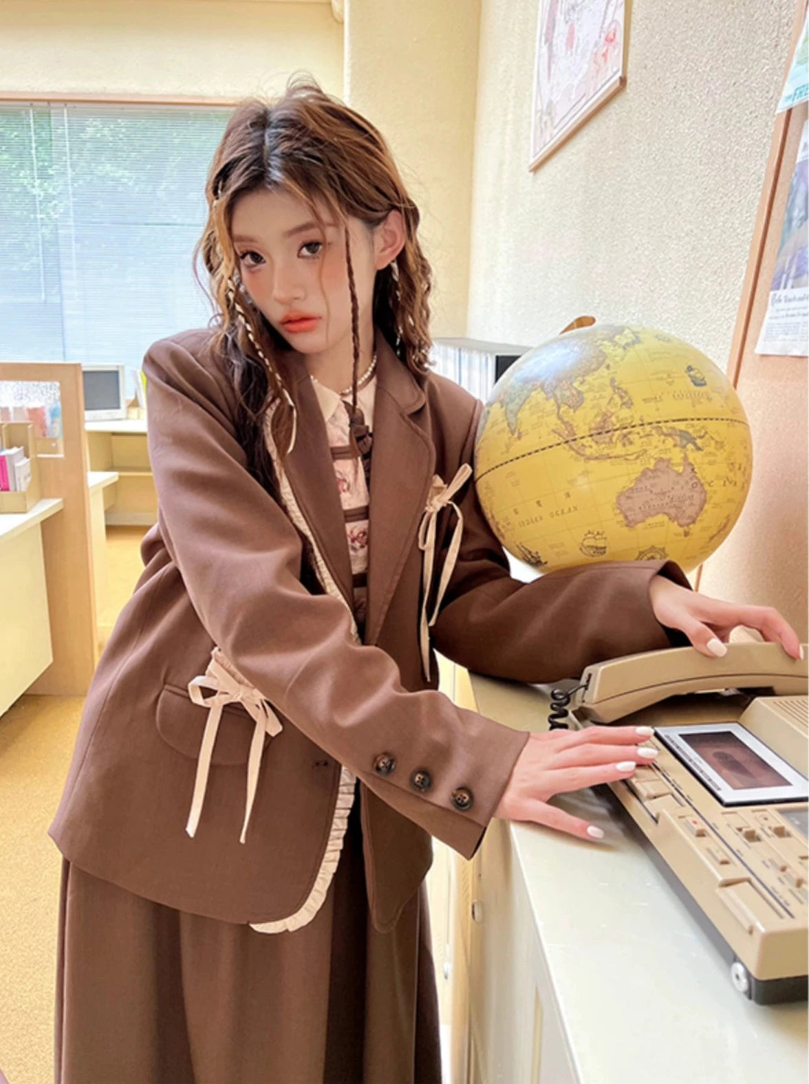 リボンブラウンカジュアルルーズジャケット