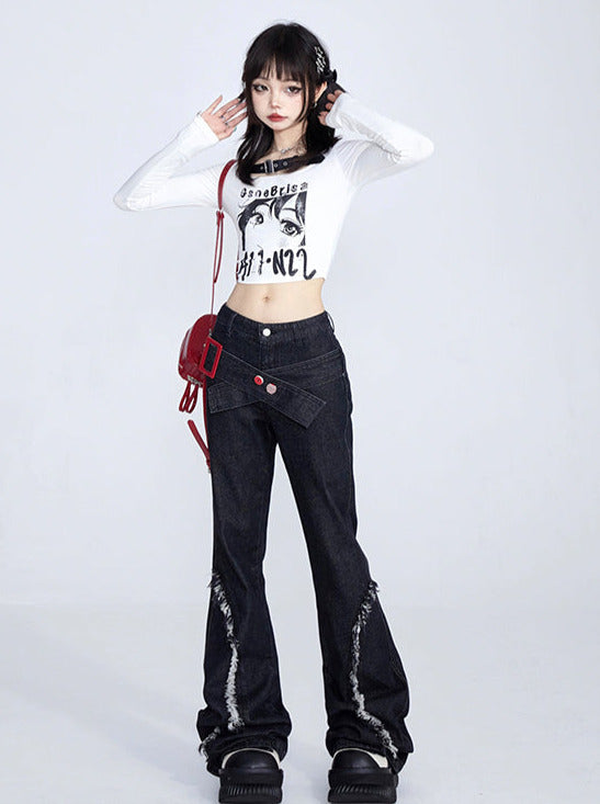 레트로 스파이시 가죽 벨트 일러스트레이션 프린트 쇼트 롱 T