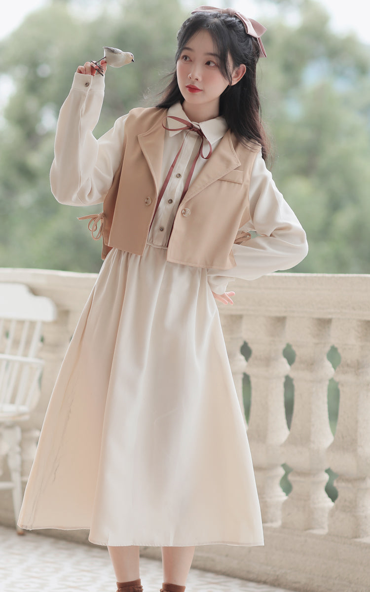 サイドリボンショートジレ+ボリュームスリーブリボンワンピース