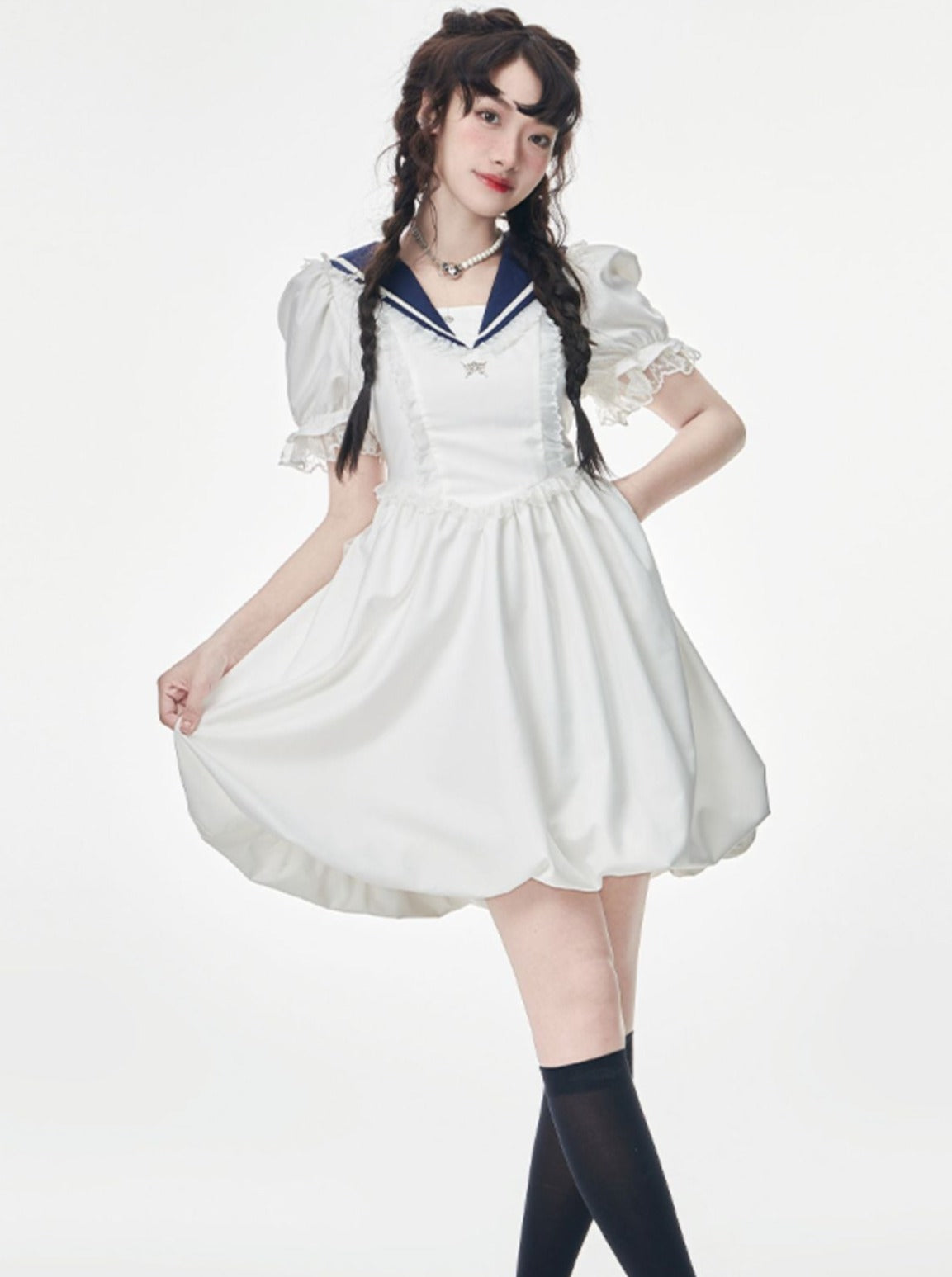 Sailor curler back ribbon puff sleeve dress