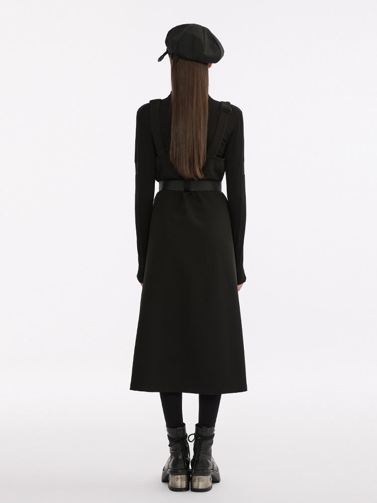 Check Vest Buckle Waist Layered Suspension Dress