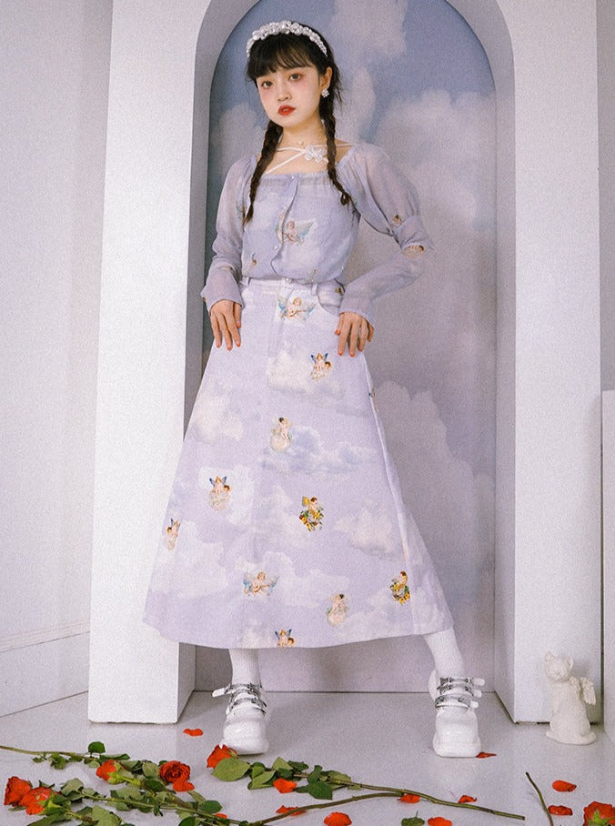 Little Angel Print Girl Retro Chiffon Square Neck Top