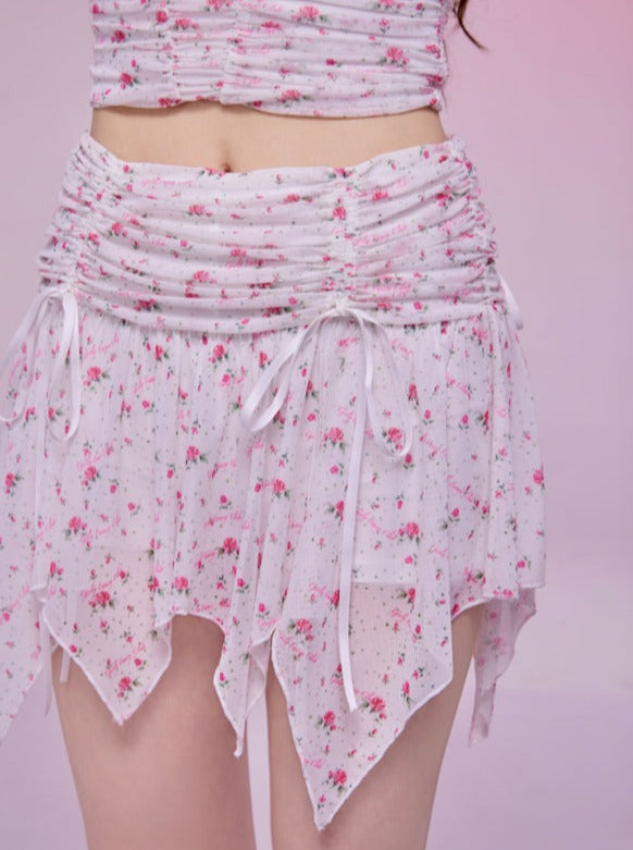 スパイシースモールフローラルガールシュリンクメッシュVネックサスペンダースカートセット