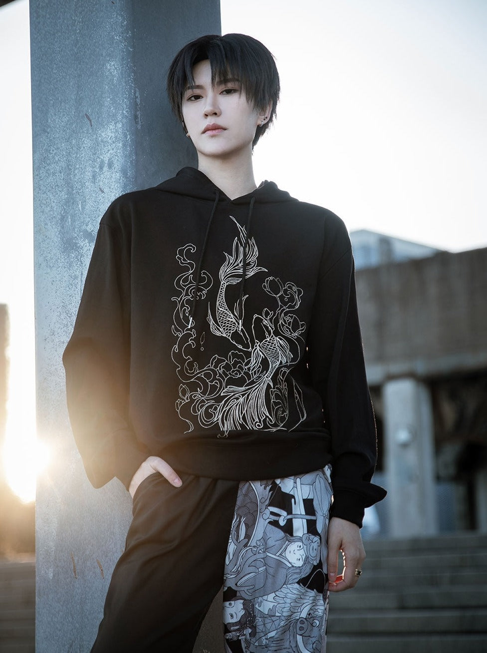 ルーズカジュアルモードフラワーデザインユニセックスパーカー