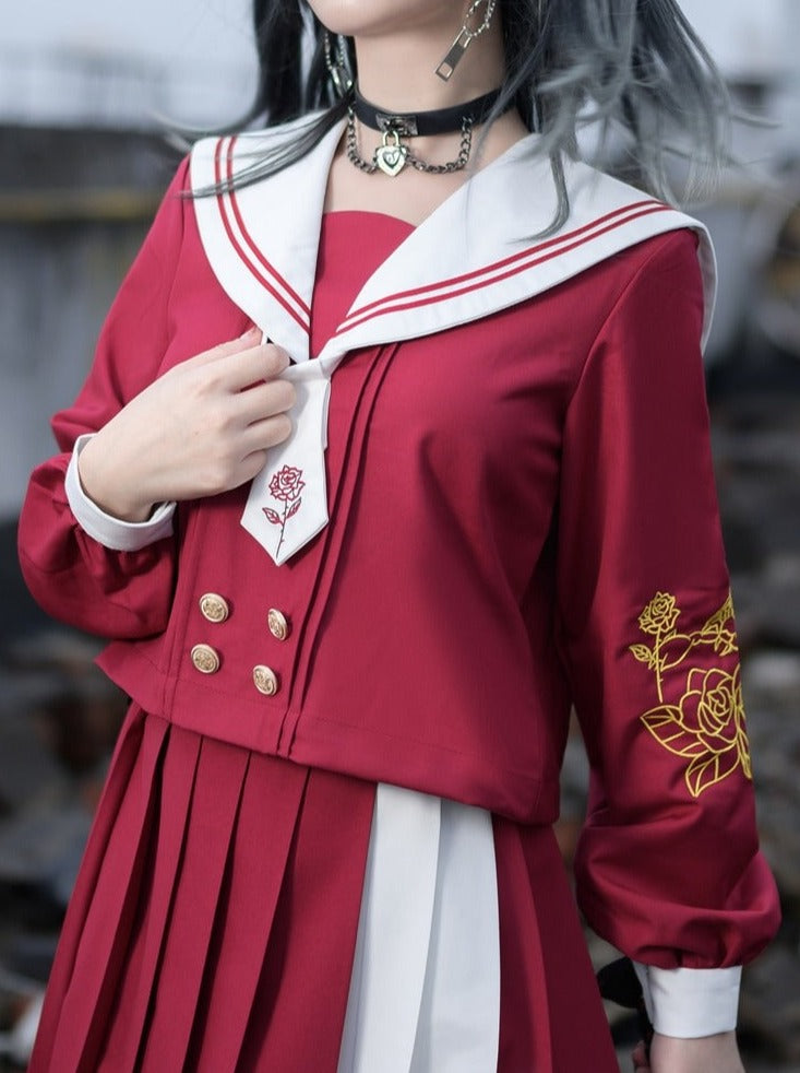 玫瑰刺绣领带水手服上衣 + 不对称彩色百褶裙