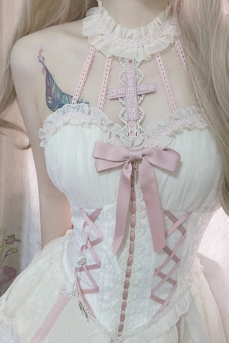 交叉蝴蝶结 Choker 领设计束胸层叠式洛丽塔连衣裙