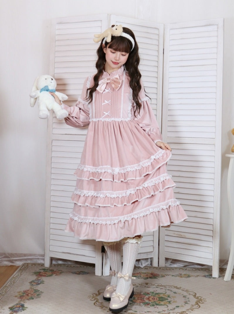 立领多层荷叶边下摆连衣裙