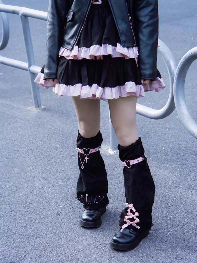 クロススタッズベルトリボンサブカルレッグウォーマー - Belchic