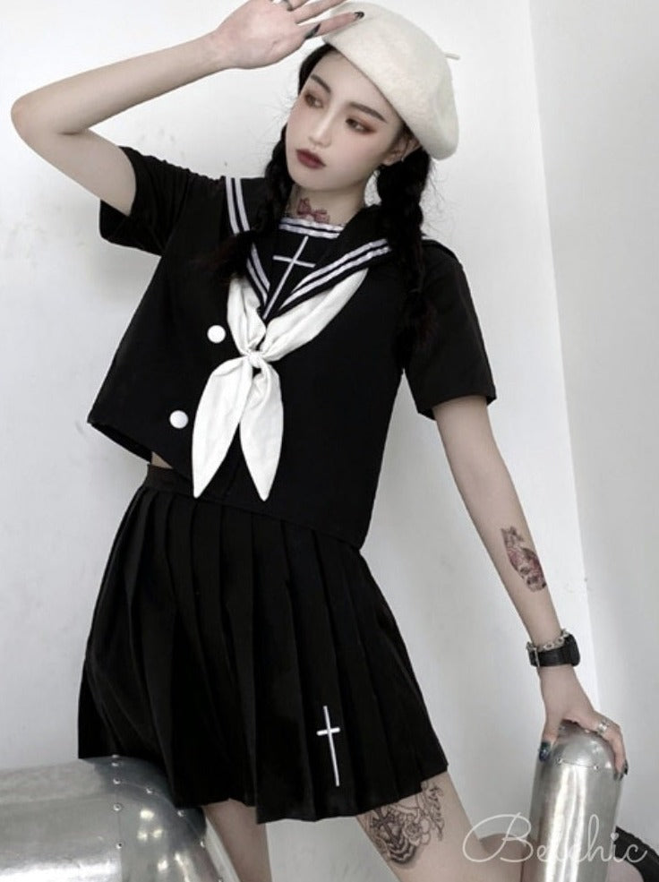 フロントクロスセーラーシャツ+プリーツスカート - Belchic