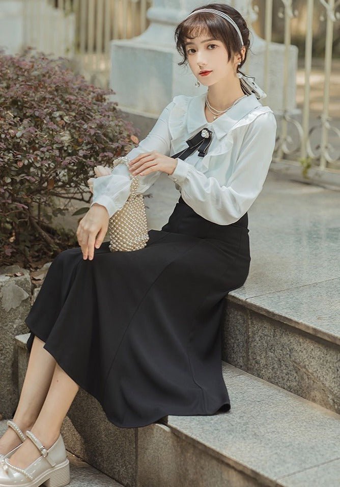 パールリボンラッフルブラウス+フレアスカート - Belchic