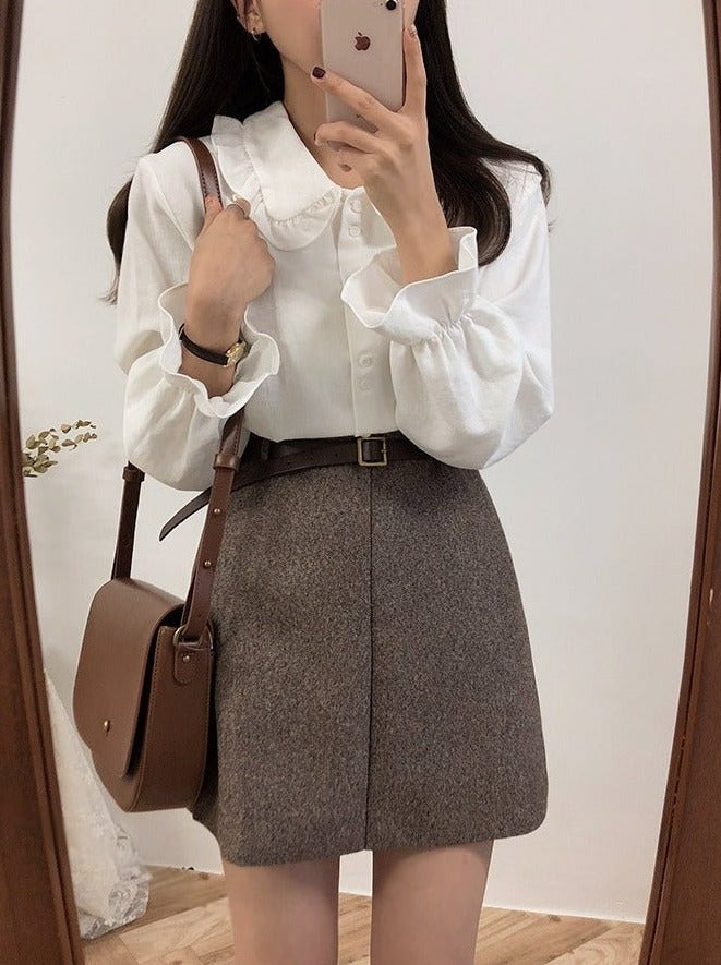 フリルカラーラッフルカフスブラウス - Belchic